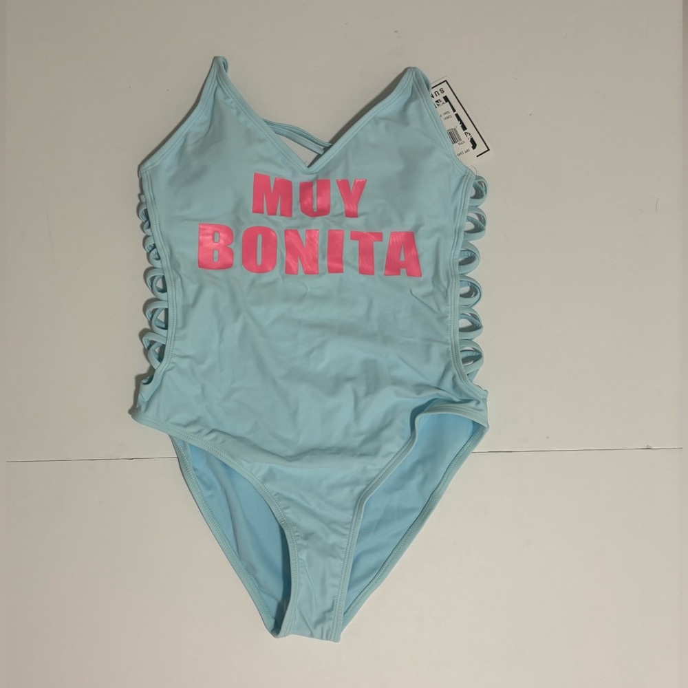 Muy Bonita Light Blue One-Piece Swimsuit with Pink Lettering Medium NWT